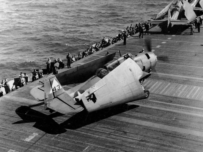 TBM Avenger 43 of VT-20 after returning to the carrier USS Enterprise, Philippine Islands October 1944